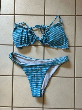 SHEIN Blue and White Gingham Bikini Set
